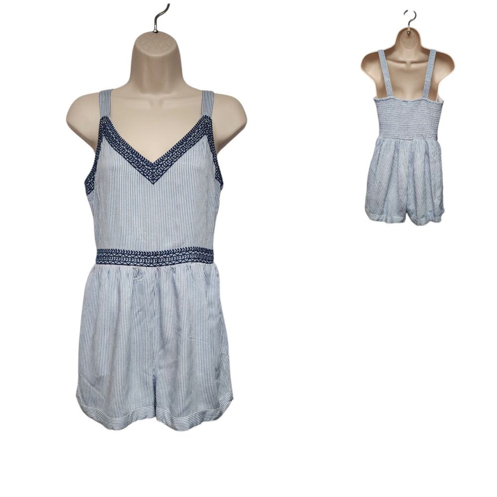 Japna V-Neck Spaghetti Straps Short Romper Blue & White SIZE Medium